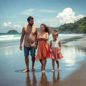 voyage en famille sur plage de sable noir Indonésie